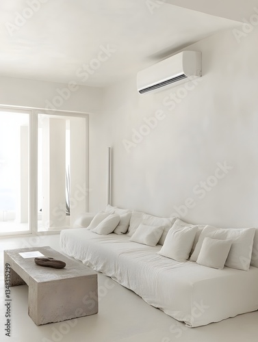 Serene white-on-white living room with high-tech wall-mounted AC