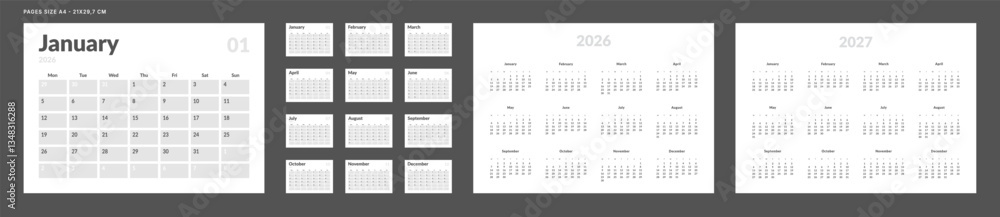 2026 Calendar Planner Set of Template Monthly Page, Annual 2026, 2027. Vector layout grid of wall or desk calendar with week start Monday in in monochrome color. Page A4-21x29.7 cm for print 2026 Calendar Planner Set of Template Monthly Page, Annual 2026, 2027. Vector layout grid of wall or desk calendar with week start Monday in in monochrome color. Page A4-21x29.7 cm for print