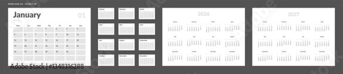 2026 Calendar Planner Set of Template Monthly Page, Annual 2026, 2027. Vector layout grid of wall or desk calendar with week start Monday in in monochrome color. Page A4-21x29.7 cm for print
