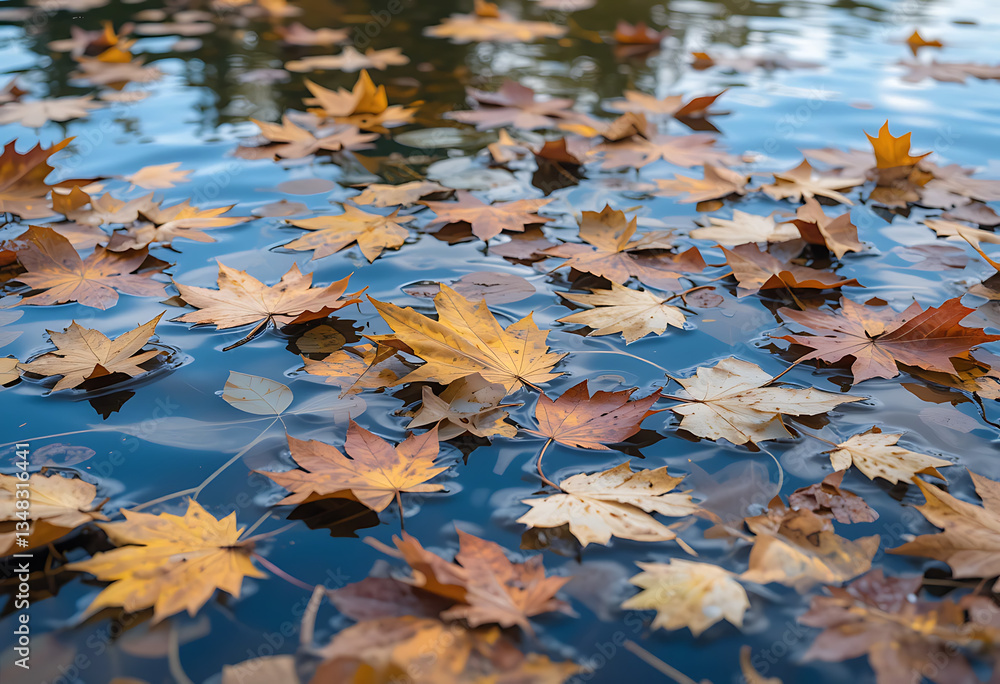 Autumn Leaves Floating on Water - Serene Fall Landscape Photography Autumn Leaves Floating on Water - Serene Fall Landscape Photography