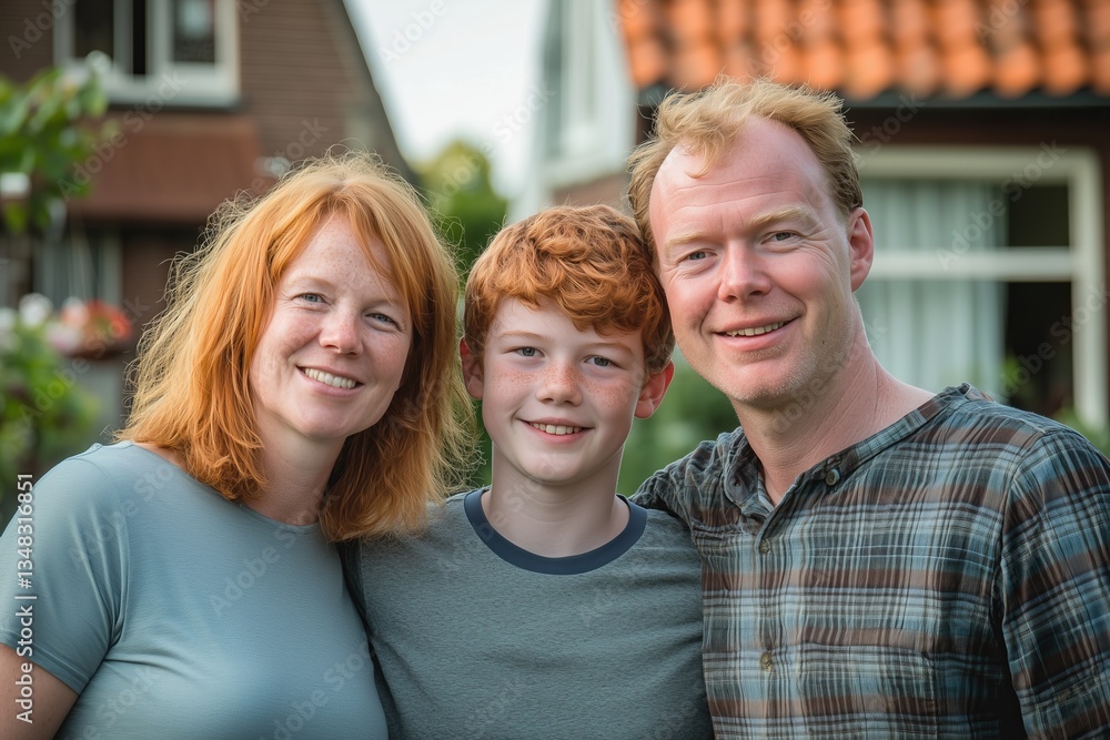 Smiling family stands together in front of their cozy house, depicting warmth, unity, and outdoor happiness on a sunny day. Smiling family stands together in front of their cozy house, depicting warmth, unity, and outdoor happiness on a sunny day.
