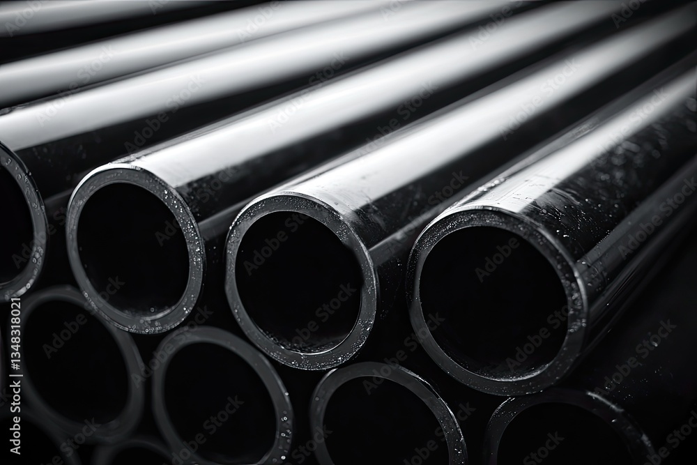 Close-up view of black pipes. Stacked cylindrical tubes Close-up view of black pipes. Stacked cylindrical tubes