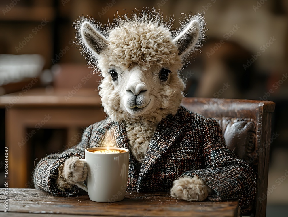 Fototapeta premium Cozy llama in a patterned jacket sipping on a latte