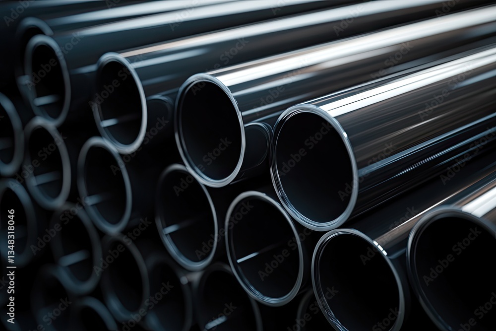 Stacked metal pipes. Close-up view of many shiny, dark gray metal pipes arranged in layers. The pipes' smooth surfaces reflect light Stacked metal pipes. Close-up view of many shiny, dark gray metal pipes arranged in layers. The pipes' smooth surfaces reflect light