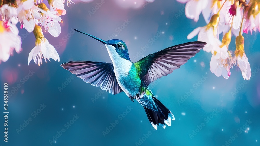 Obraz premium Vibrant Hummingbird in Flight Near Cherry Blossoms
