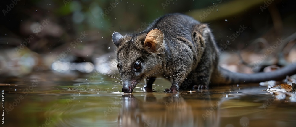 Fototapeta premium Breathtaking HDR wildlife photo of mountain brushtail possum drinking from a crystal clear rainforest stream water reflections dramatic depth of field award winning nature photography