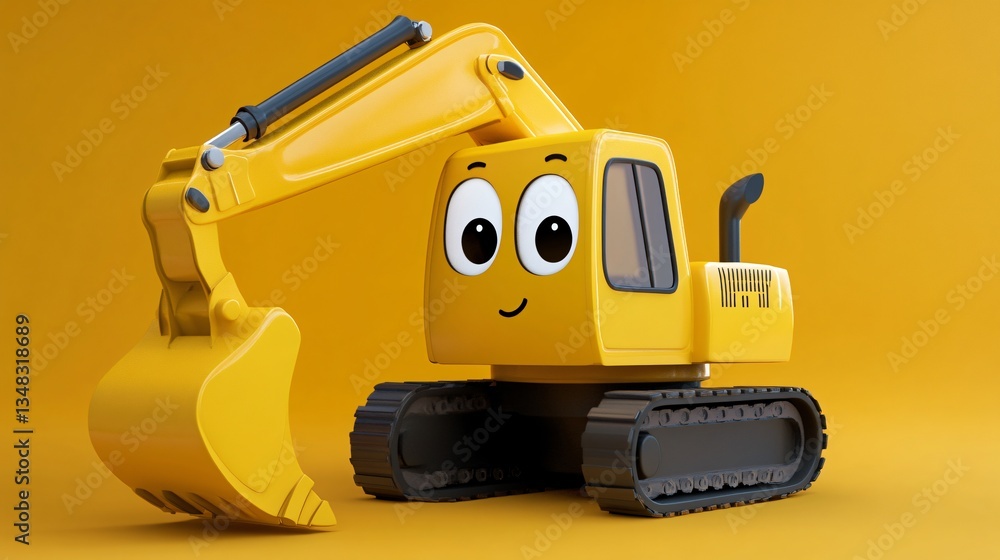 Fototapeta premium Cute Yellow Cartoon Excavator 3D Render