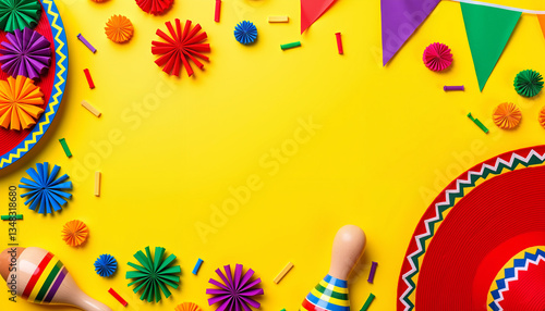 Colorful party decorations on bright yellow background  