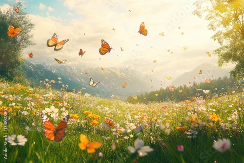 A vibrant meadow filled with colorful butterflies and blooming flowers in the golden light of sunset