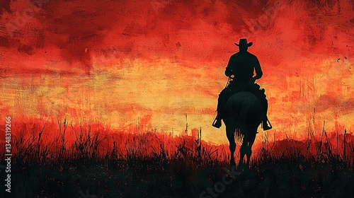 A cowboy rides his horse through a fiery red sunset landscape