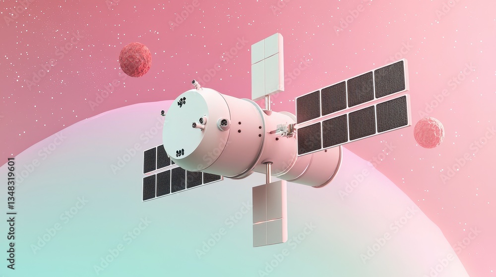 Naklejka premium Futuristic Satellite Orbiting a Colorful Alien Planet