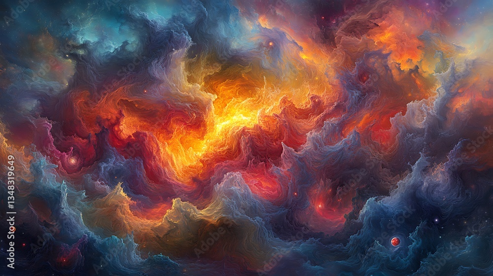 Fototapeta premium Vibrant cosmic nebula in space with swirling clouds of orange, red, and blue hues creating a mesmerizing astrophotography scene