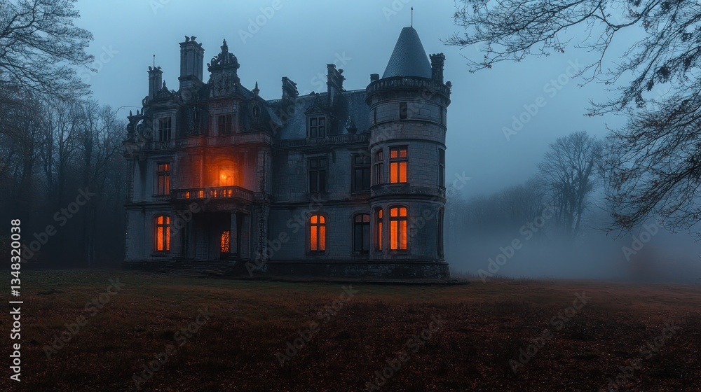 Spooky, illuminated old manor in a misty forest Spooky, illuminated old manor in a misty forest