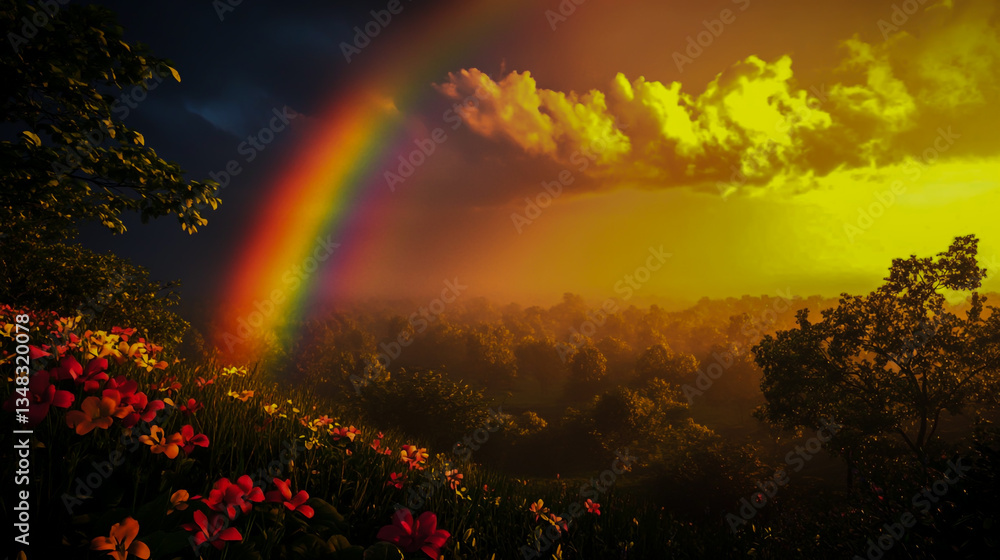 Obraz premium The Ethereal Allure of a Rainbow – A Stunning Display of Harmonious Vibrant Hues, Set Against a Serene and Idyllic Scenic Backdrop