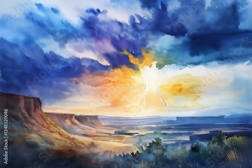 watercolor painting of a rainstorm over a huge canyon, a striking and strong natural scene
