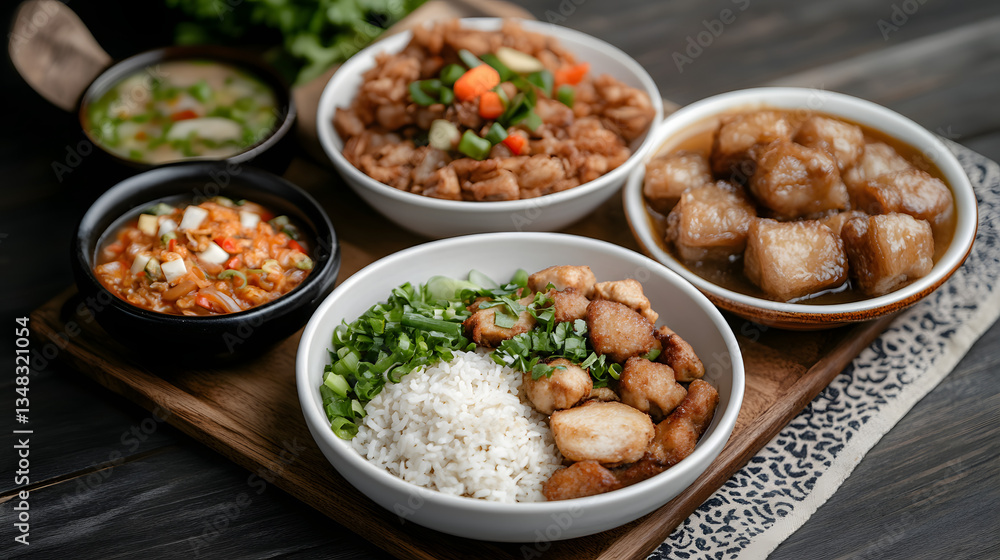 Assorted Asian dishes on a wooden board Assorted Asian dishes on a wooden board