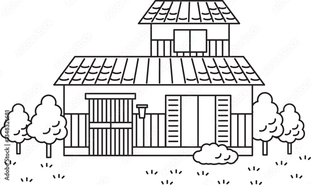 Obraz premium 少し古めの日本家屋のシンプルな白黒イラスト