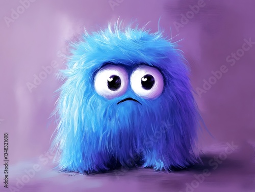 Blue furry cartoon creature with large eyes standing against a purple background