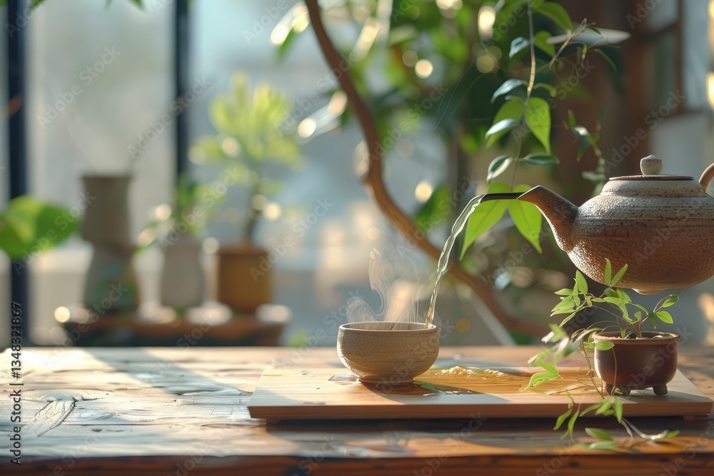 Tranquil tea preparation scene with steaming kettle pouring into a cup amidst lush greenery indoors Tranquil tea preparation scene with steaming kettle pouring into a cup amidst lush greenery indoors