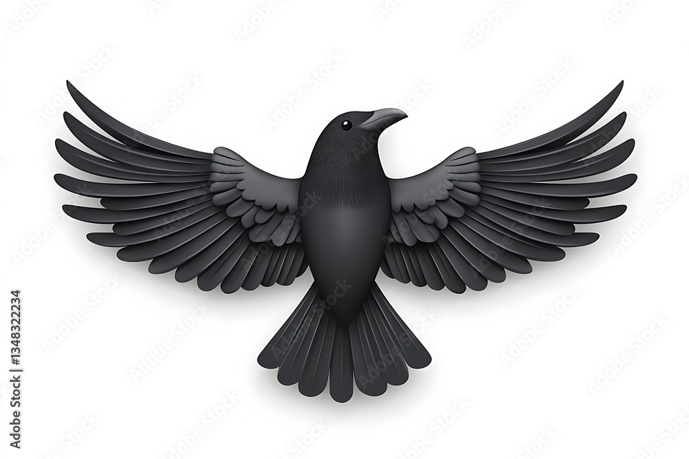 Obraz premium Stylized black crow in flight against white background, graphic design element, possible use in logo or illustration