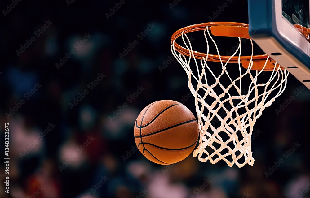 Fototapeta premium Basketball in the net. Crowd in the background