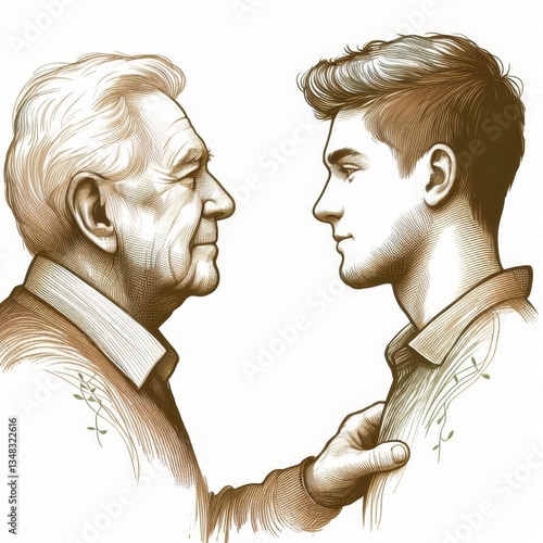 Elderly man and young adult looking at each other. Hand-drawn illustration symbolizing family bond, wisdom, generations, and respect