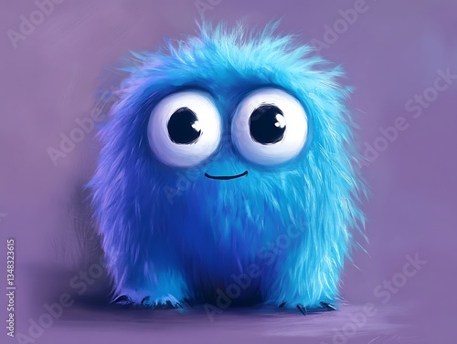 Blue furry cartoon creature with large eyes standing against a purple background