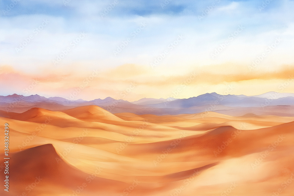 Naklejka premium Desert sunset and sunrise with mountain sunset scene, water color