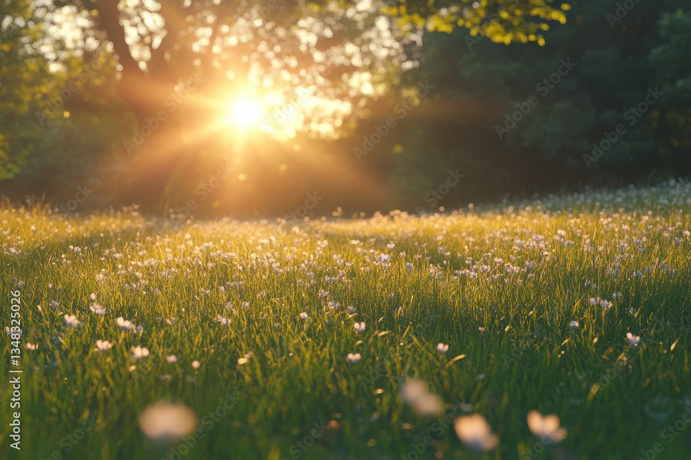 Obraz premium Golden sunlight illuminating a tranquil meadow filled with wildflowers at dawn