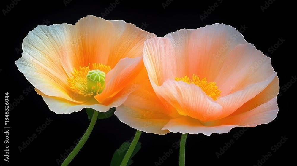 Fototapeta premium Two vibrant, peach-colored poppies against a black backdrop. Close-up view of delicate petals and inner structures