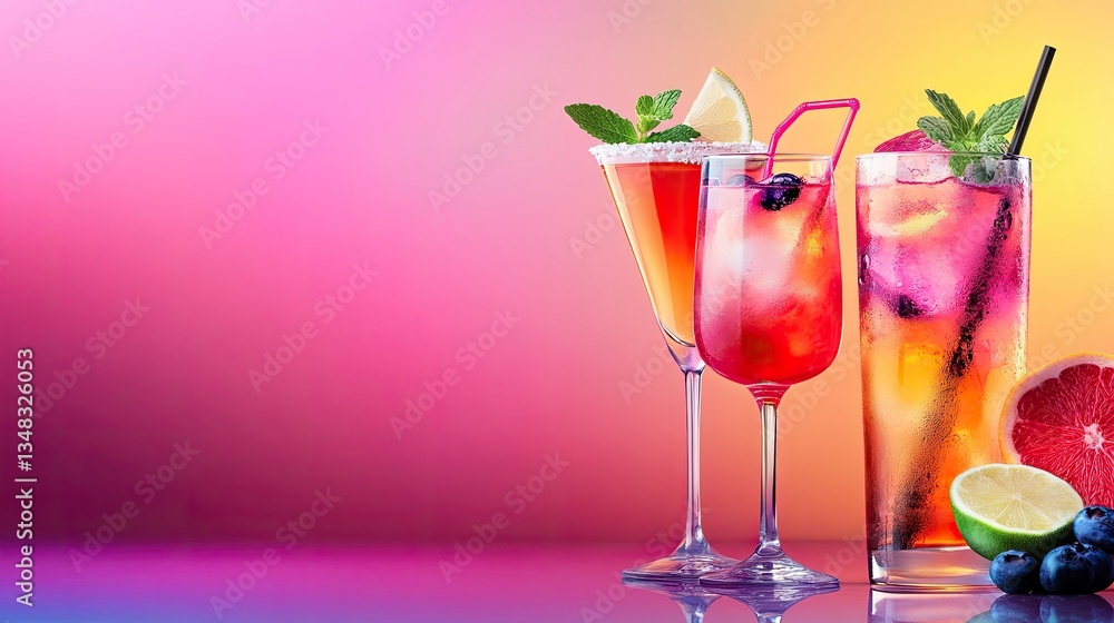 Refreshing Cocktails Variety with Citrus Fruits and Mint on Gradient Backdrop Refreshing Cocktails Variety with Citrus Fruits and Mint on Gradient Backdrop
