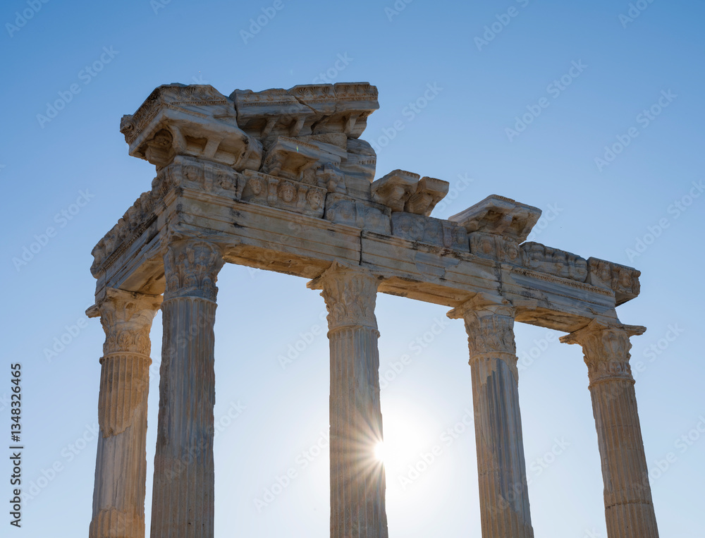 Stunning view of the ruins of the Temple of Apollo in Side. Archaeological heritage of Turkey. Mediterranean coast Manavgat district, Antalya city Stunning view of the ruins of the Temple of Apollo in Side. Archaeological heritage of Turkey. Mediterranean coast Manavgat district, Antalya city