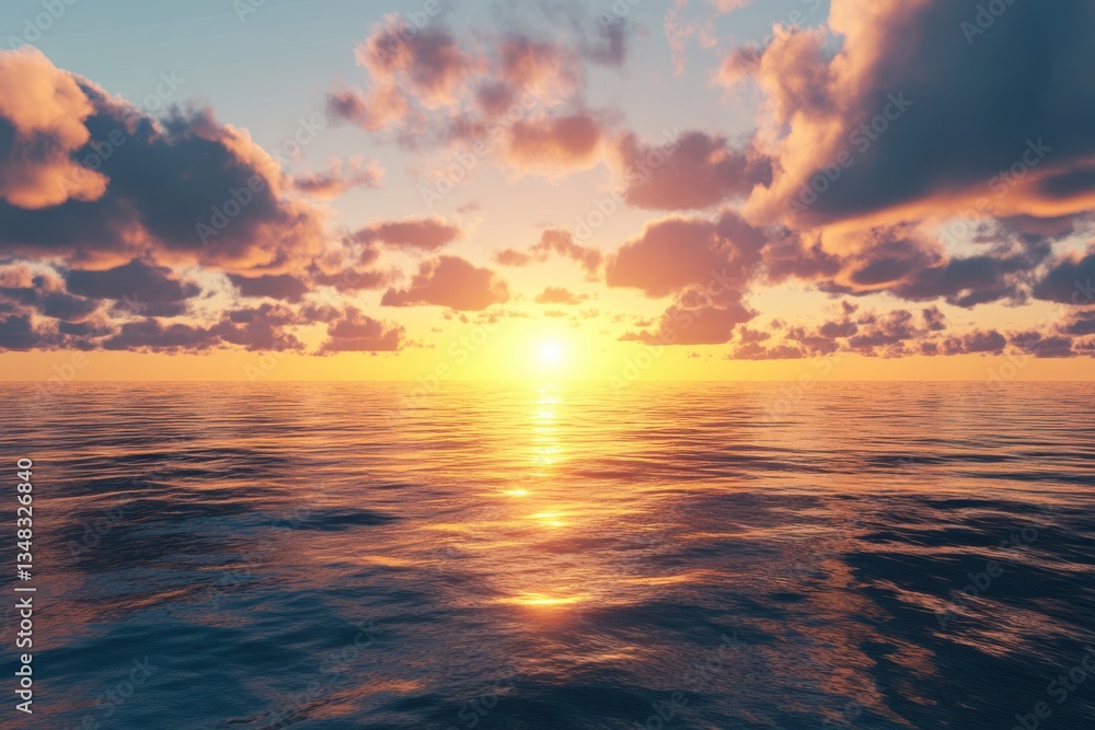 Fototapeta premium A breathtaking sunset paints the sky and sea with vibrant hues over calm ocean waters
