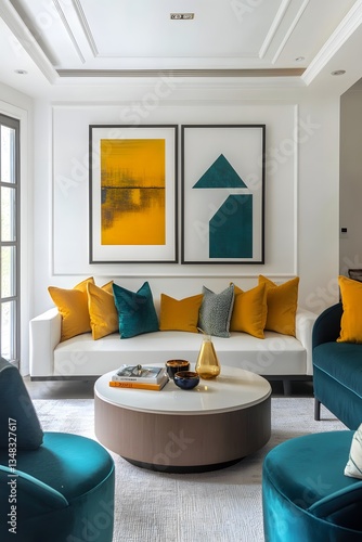 Elegant living room features modern artwork and colorful decorative accents