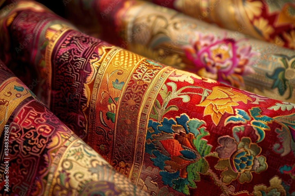 Vibrant, intricately designed fabric rolls showcasing rich colors and patterns in a textile shop setting
