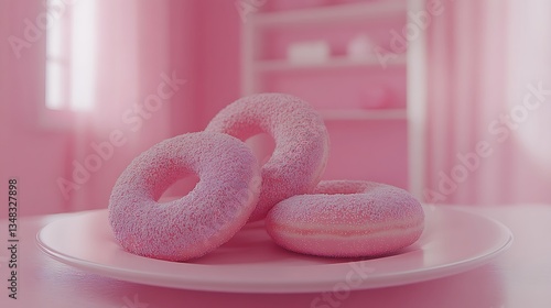 Pink donuts on plate, dreamy interior background