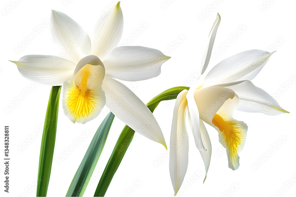 Fototapeta premium Two White Orchids with Yellow Details Against Black Background