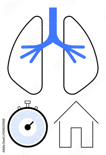 Lungs stopwatch and house outline. Ideal for health, breathing, home environment, time management, wellness, simplicity, and lifestyle concepts. Line metaphor