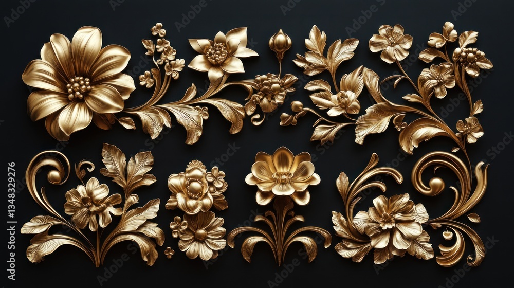 Golden Floral Ornament Collection: Baroque-Inspired 3D Rendered Gold Flowers and Leaves on Black Background Golden Floral Ornament Collection: Baroque-Inspired 3D Rendered Gold Flowers and Leaves on Black Background