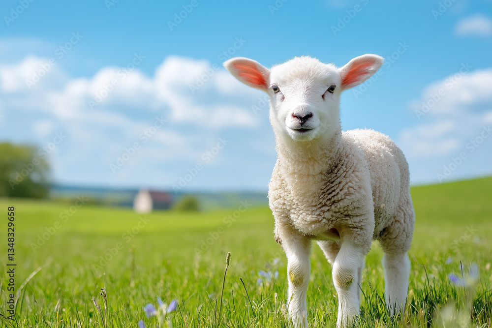 A white lamb stands in a green field under a bright blue sky. The image has been selected for upload A white lamb stands in a green field under a bright blue sky. The image has been selected for upload