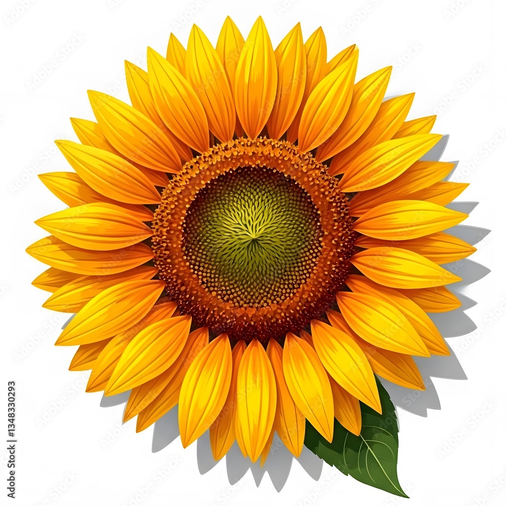 Fototapeta premium A graphic vector of a single sunflower with intricate details and soft shadows, isolated on white