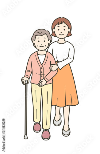 杖をついた高齢女性を介助する女性の全身イラスト