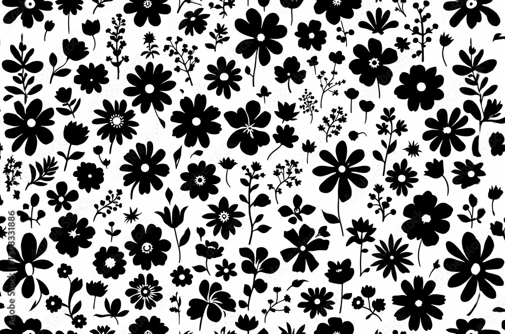 Black Silhouette Floral Pattern with Elegant Shapes on White Background Black Silhouette Floral Pattern with Elegant Shapes on White Background