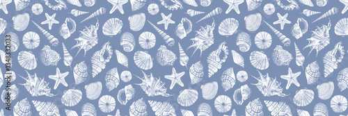 Summer print with blue and white color. Trendy seashells seamless pattern background. Sea wallpaper.
