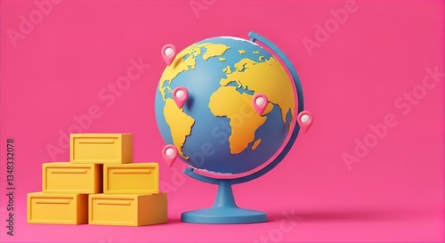 Global Shipping Concept: 3D Globe with Location Pins and Yellow Boxes on Pink Background - International Logistics & Delivery Illustration