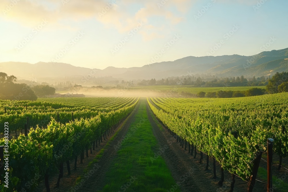 Naklejka premium A serene dawn over lush vineyards in Napa Valley with fog gently rising in the background