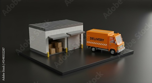 Miniature Delivery Truck at Warehouse Loading Dock: 3D Render of Logistics & Supply Chain Concept