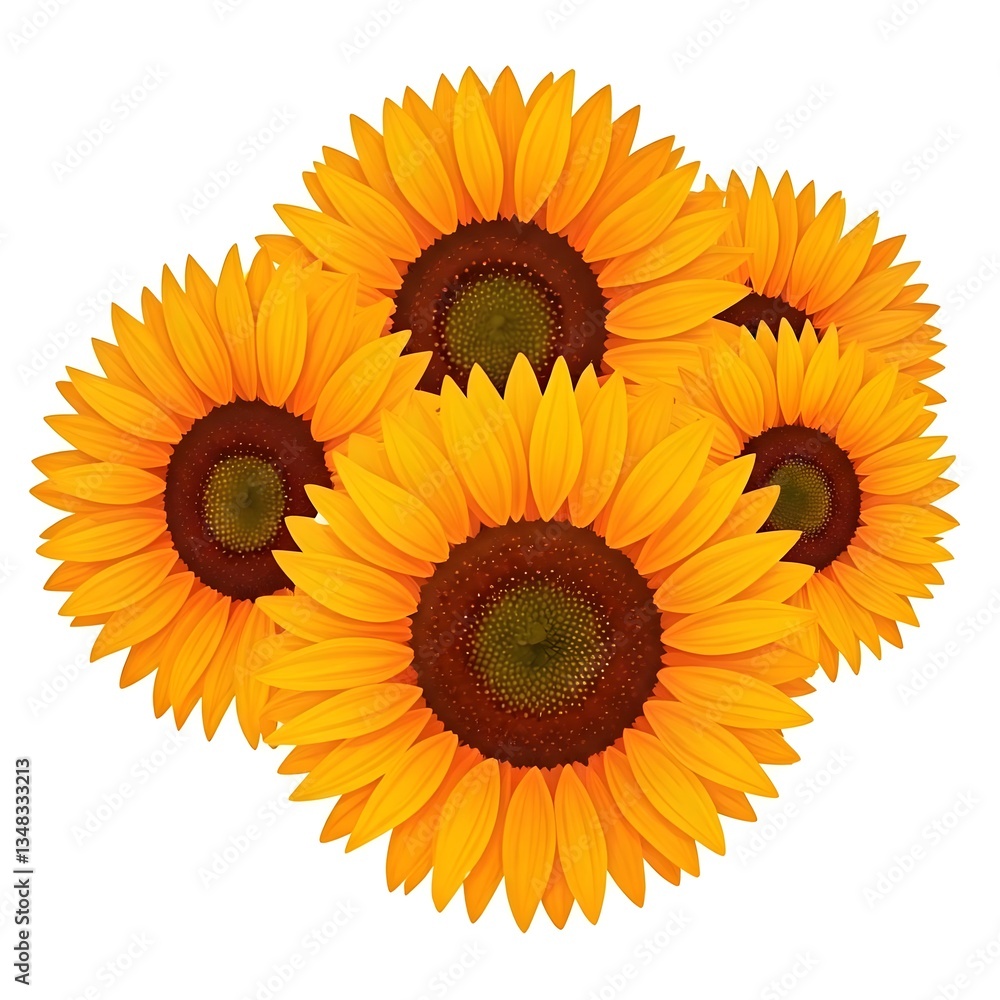 Fototapeta premium A vector illustration of a small bunch of sunflowers with a soft gradient of yellow to orange petals, isolated on white
