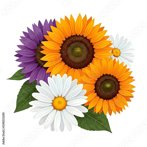 A vector of sunflowers and daisies in a variety of colors, including purple, orange, and white, isolated on a white background