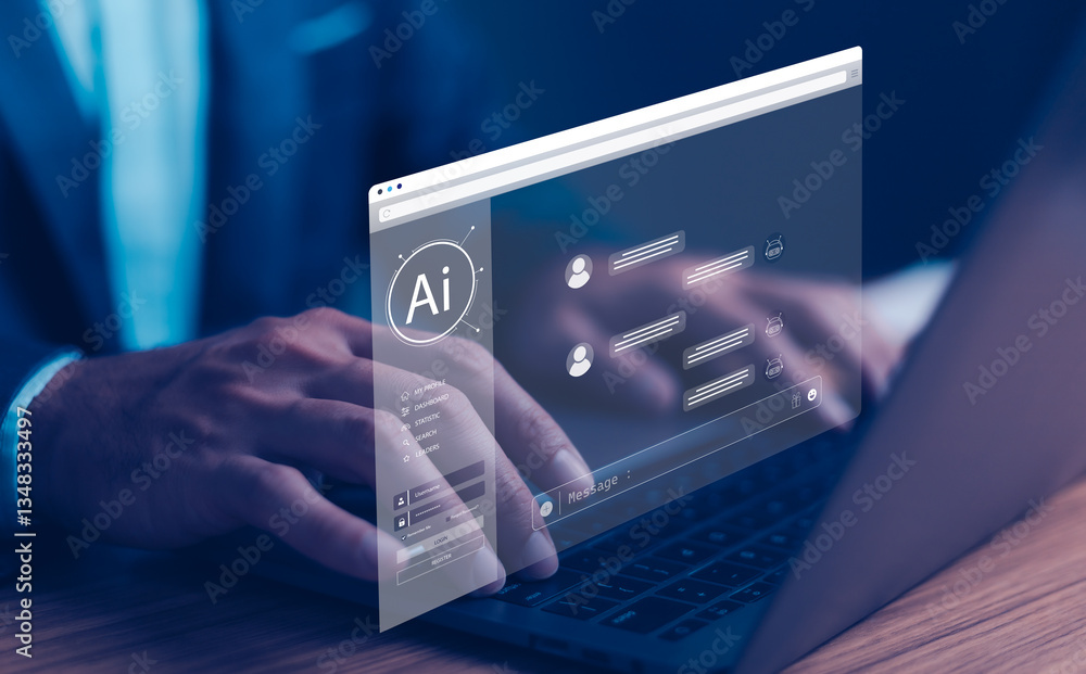 Artificial intelligence AI technology for enhanced work efficiency data analysis and efficient. Man using laptop to generative AI contents, chat with smart robot AI and command prompt on website.